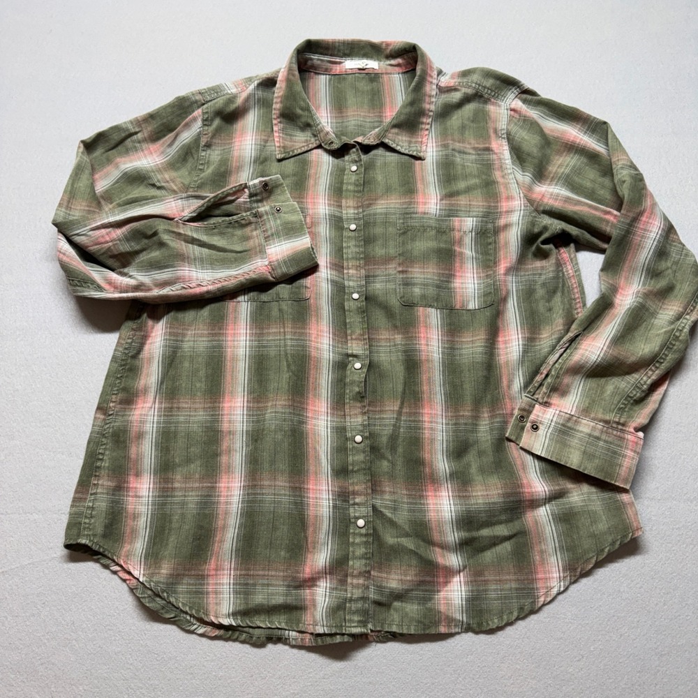 Maurices Olive Green Pink Plaid Button Down Shirt XL Long Sleeve Cotton Blend